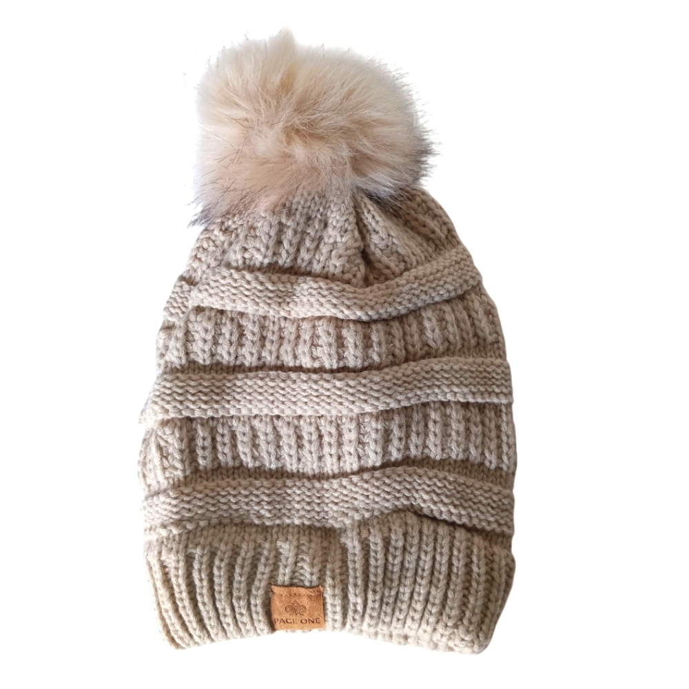 Page One Pom-Pom Beanie Cream‎ / Beige Hat Cozy Chunky Cable Knit